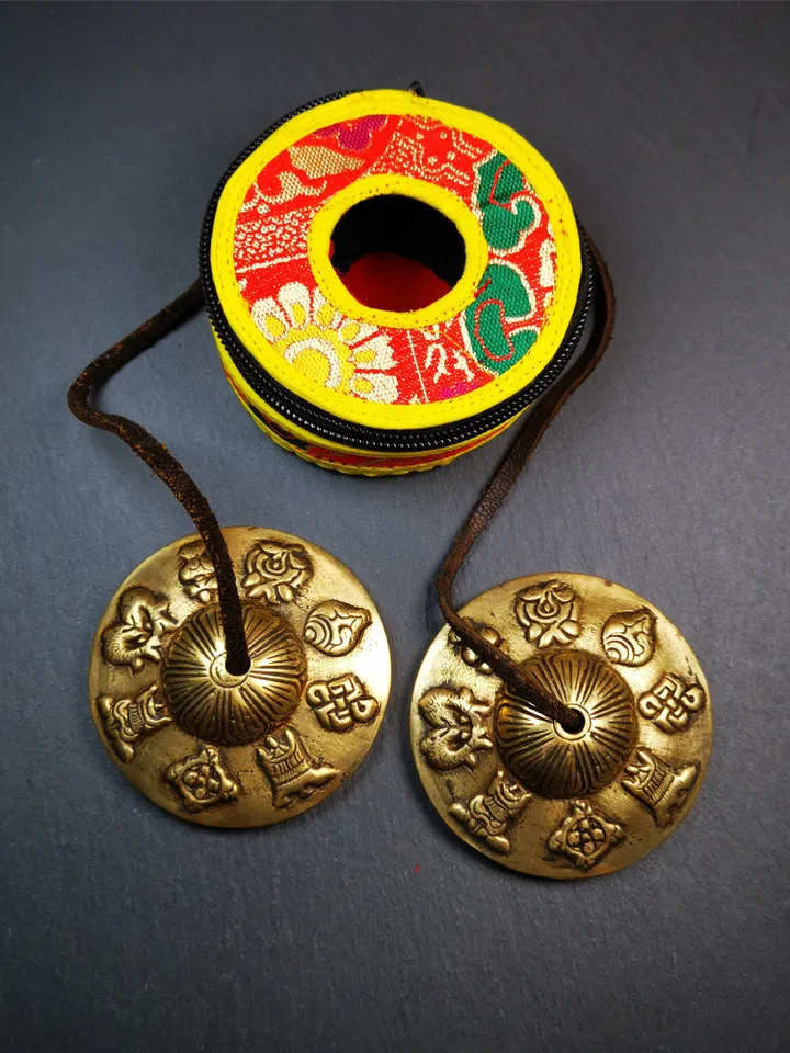 Gandhanra 7.4cm Tibetan Cymbals,Tingsha Bell,Buddhism Ritual Implement,Handmade in Nepal,Astamangal Pattern