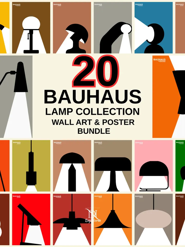 20 Bauhaus Lamp Wall Art, Bauhaus Geometric Printable, Bauhaus Exhibition Poster, Mid Century Modern Art, Digital Download, Bauhaus Poster