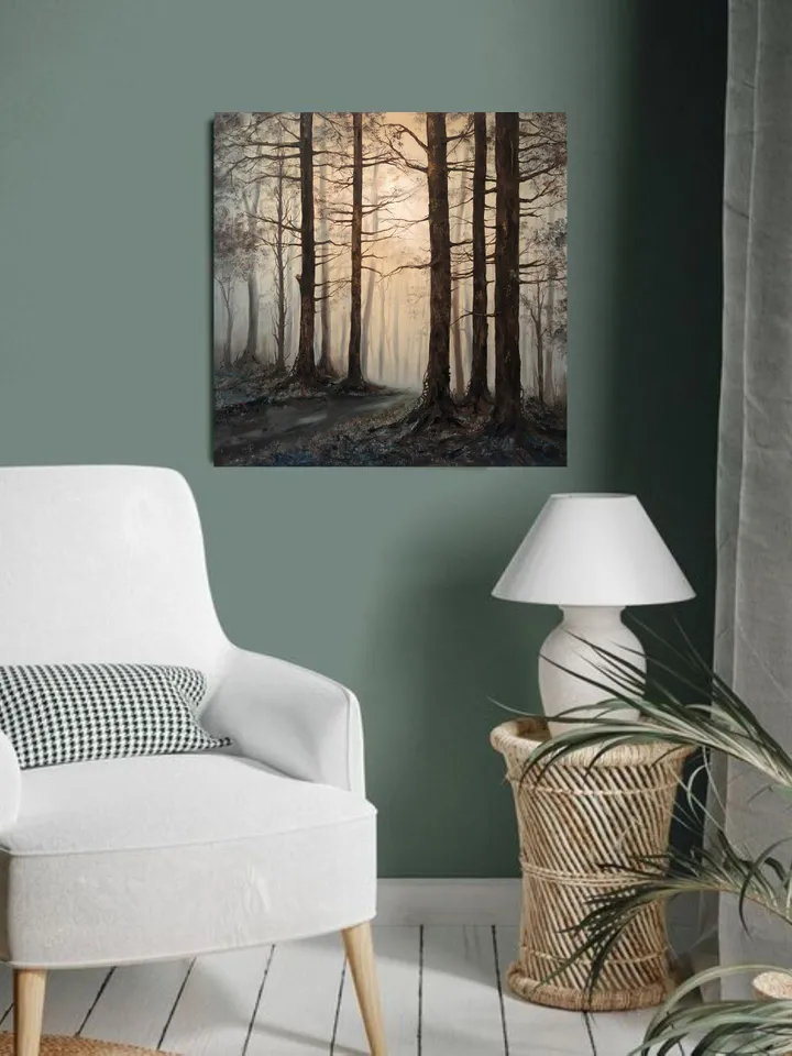 Forest Painting Original Foggy Forest Wall Art Landscape Artwork Canvas Misty Forest Painting