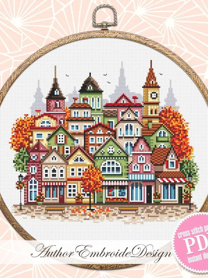 Fall houses cross stitch pattern PDF download Autumn cross stitch chart, Autumn city pattern digital PDF, Urban landscape, Home decor #E18