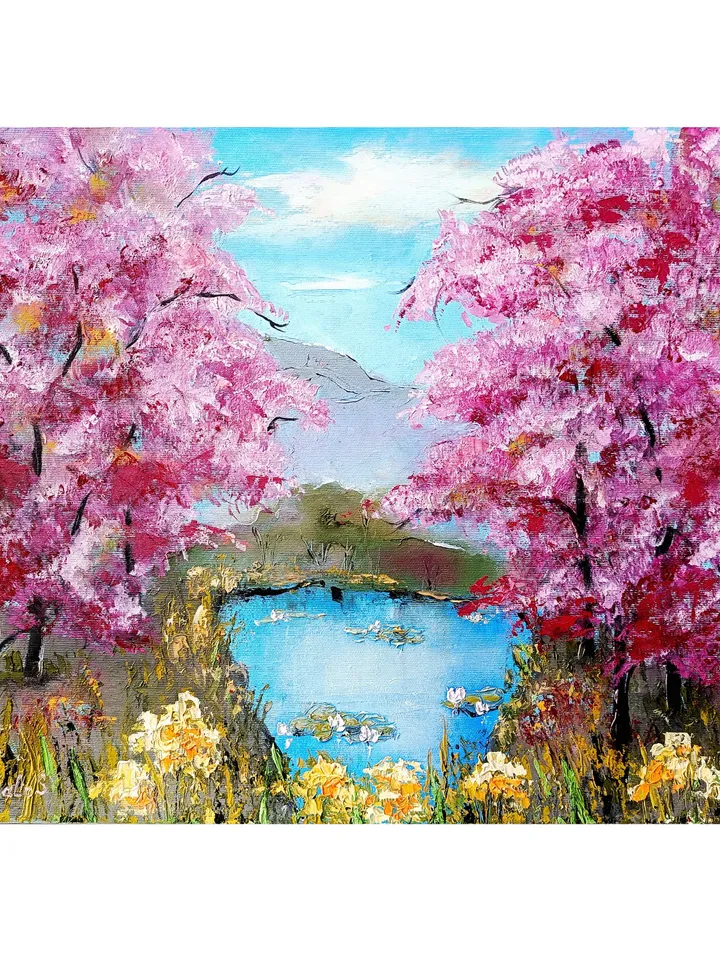 Sakura Painting Pink Blooming Original Art  16 x 20 impasto Oil Painting Japan Garden Painting Floral Wall Art Flower Oil Art Trees Artwork