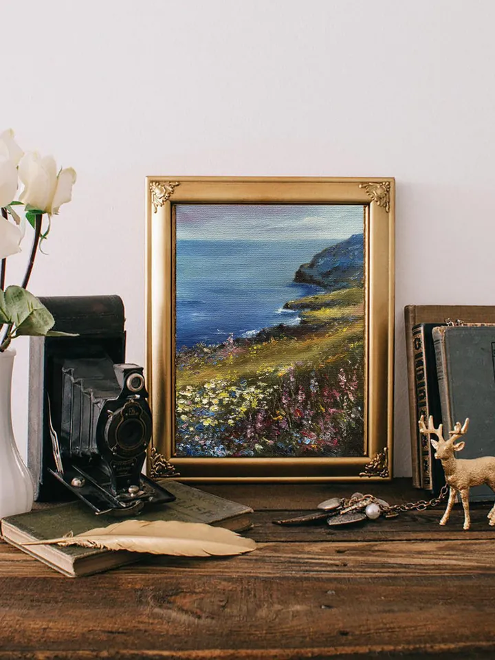 Original Oil Seascape Painting Beach Oil Painting Wildflower Artwork