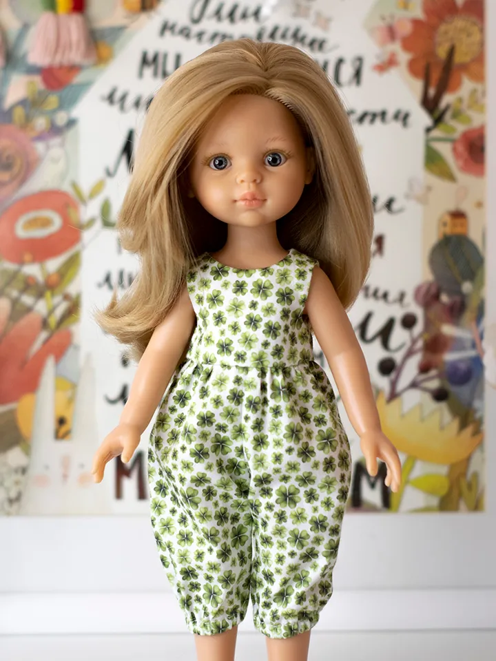 St Patrick's Day overall for dolls Paola Reina, Siblies Ruby Red, Little Darling, Minouche, 13 inch doll green clothes