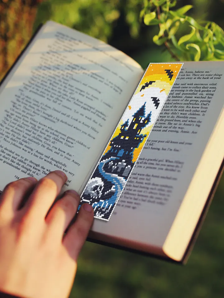 Halloween bookmark cross stitch pattern PDF download Spooky Haunted house cross stitch chart, Handmade bookmark pattern digital PDF #B43