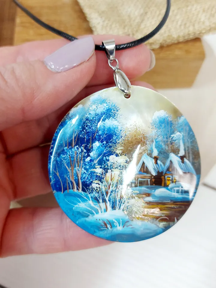 Nice Pendant Winter landscape. Village. Mother-of-pearl Russian hand painting. Hand-painted necklace pendant. Miniature painting