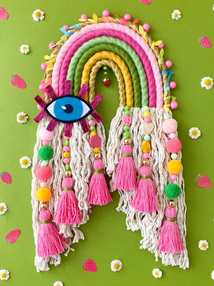 Macrame rainbow wall hanging, Funny birthday gift, Above bed decor, Evil eye charm, Strawberry aesthetic, Boho home decor
