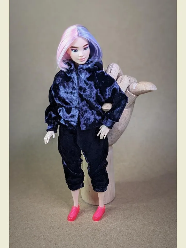 Handmade casual purple velvet two-piece set (hoodie and pants) for 1/6 scale fashion female dolls