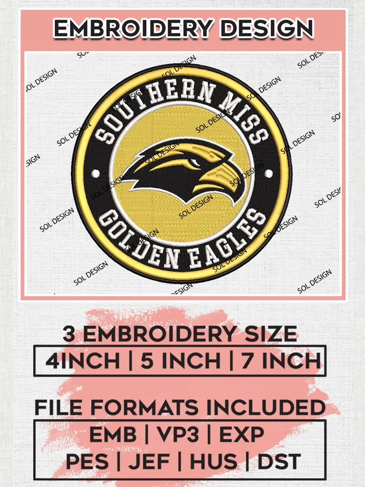 NCAA Southern Miss Golden Eagles Round Logo Embroidery, NCAA Southern Miss Logo Embroidery files, NCAA Teams, Machine embroidery designs, Digital Download