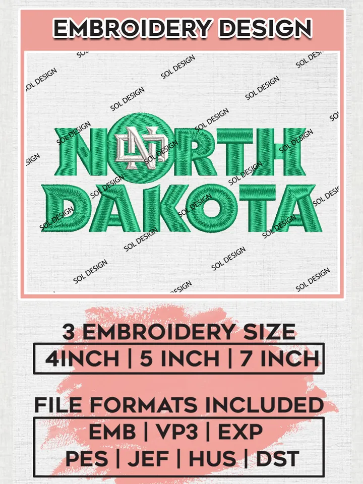 North Dakota College Football Team Wordmark Logo Embroidery Design Files, NCAA North Dakota Fighting Hawks Machine Embroidery, NCAA Teams, Game Day, 3 sizes, NCAA Machine embroidery designs, Digital Download