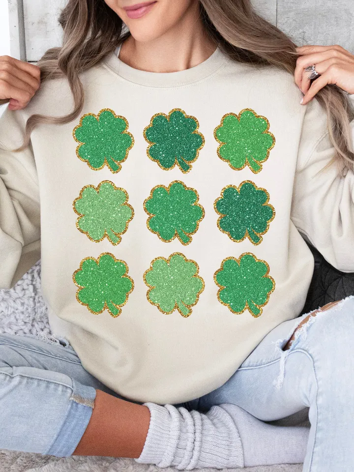 Faux Sequin Clovers PNG St. Patrick's Day PNG St Patty's Shirt Design Faux Glitter Png Green Lucky Clover Sublimation, Trendy St Patrick's
