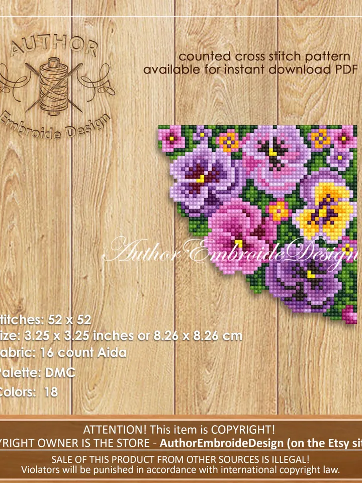 Flower Corner bookmark cross stitch pattern PDF download Floral cross stitch chart, Flower bookmark for women, Violet Pansy pattern #B364