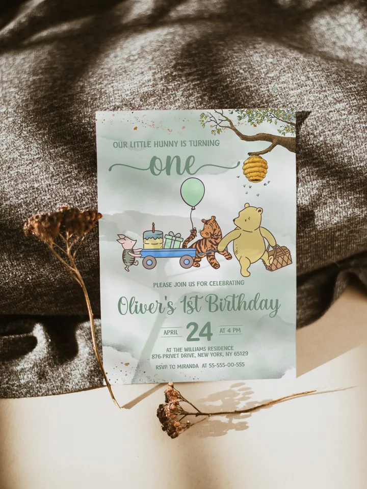 Classic Winnie Pooh Baby Birthday Invitation; Winnie Pooh Baby Birthday ; Greenery Baby Birthday; Honey Bear Birthday; Winnie Pooh wp