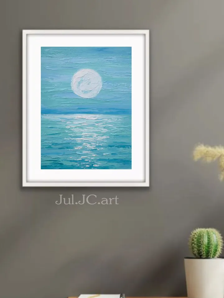 Moonlit night original art Seascape oil painting Blue Turquiose ocean wall art