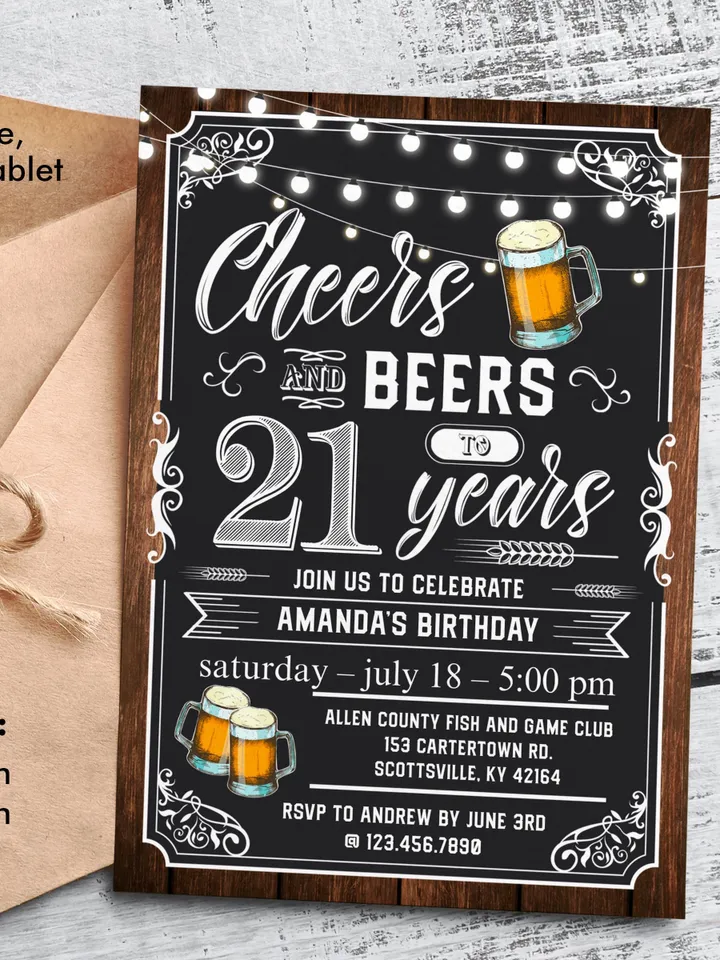 Cheers and Beers to 21 Years Invitation, 21st Birthday Invitation, Editable Adult Birthday Invitation