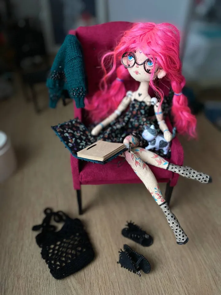 Librarian doll with pink hair and tattoo. Bookworm doll with cat