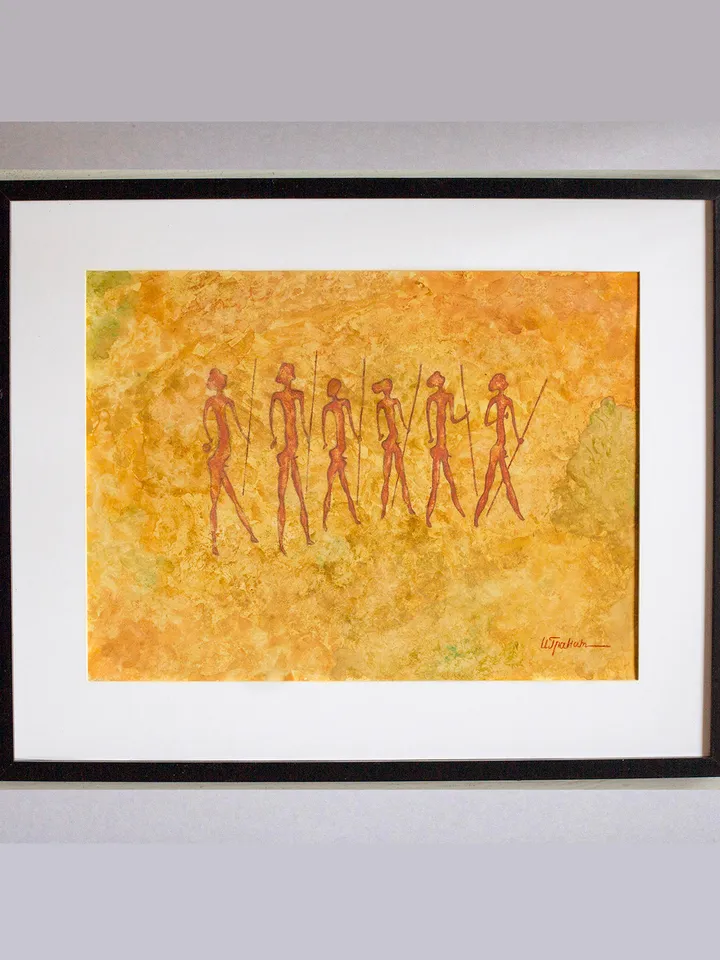 Prehistoric man wall art | Original Pastel and Watercolor Artwork Ancient Cave Painting Style | Warriors Prehistoric art | Handmade Artwork | Hunters stylization of rock art | Drawings of a prehistoric man