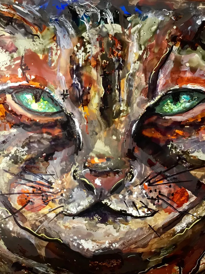 Moody cat,mix media watercolour and alcohol inks painting on yupo paper,original one of a kind,kids room decoration,for cat lovers.