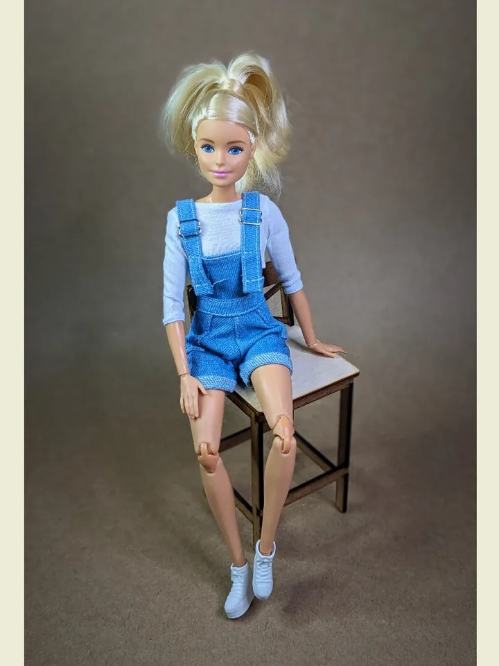 Light blue denim jumpsuit shorts for 1/6 scale fashion female dolls
