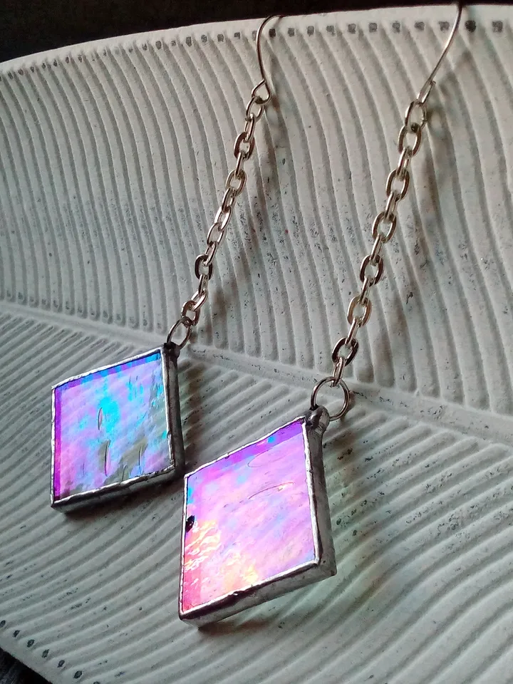 Iridescent stained glass, clear earrings, cute squar earrings, dichroic earrings, duochrome earrings