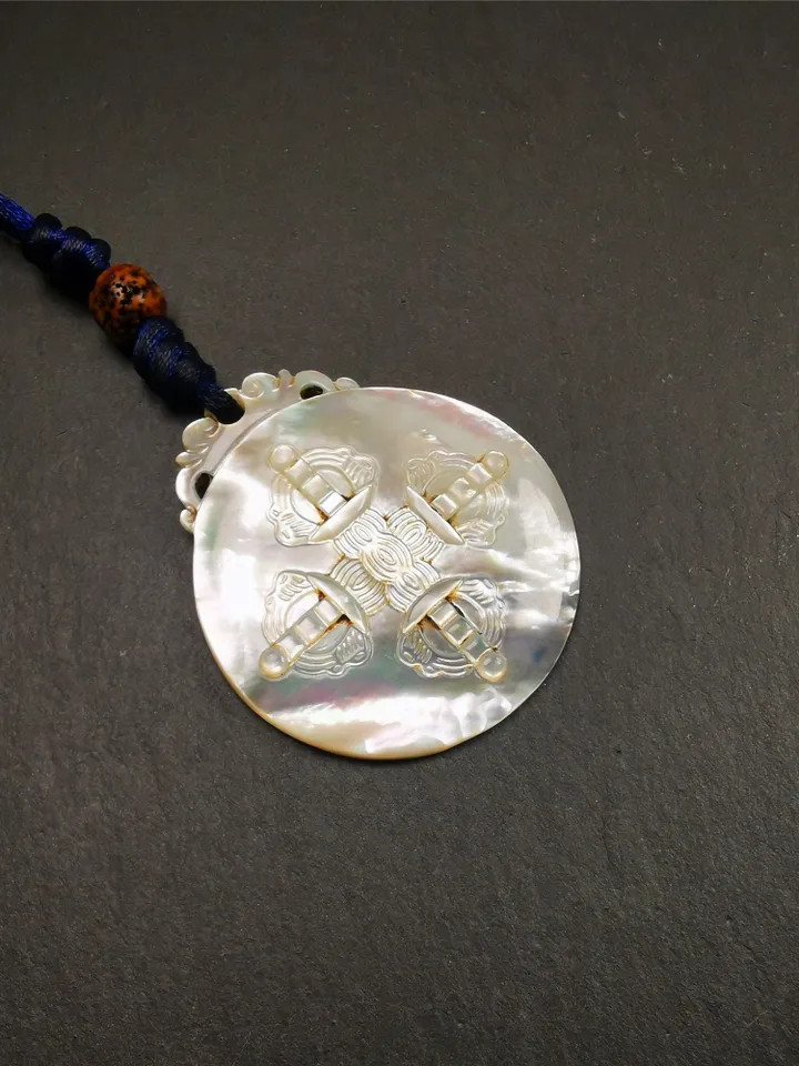Antique Tibetan Buddhist Calendar Badge,Shell Carved Sipaho - Melong Mirror - Astrology Amulet Pendant - Protection & Feng Shui Decor