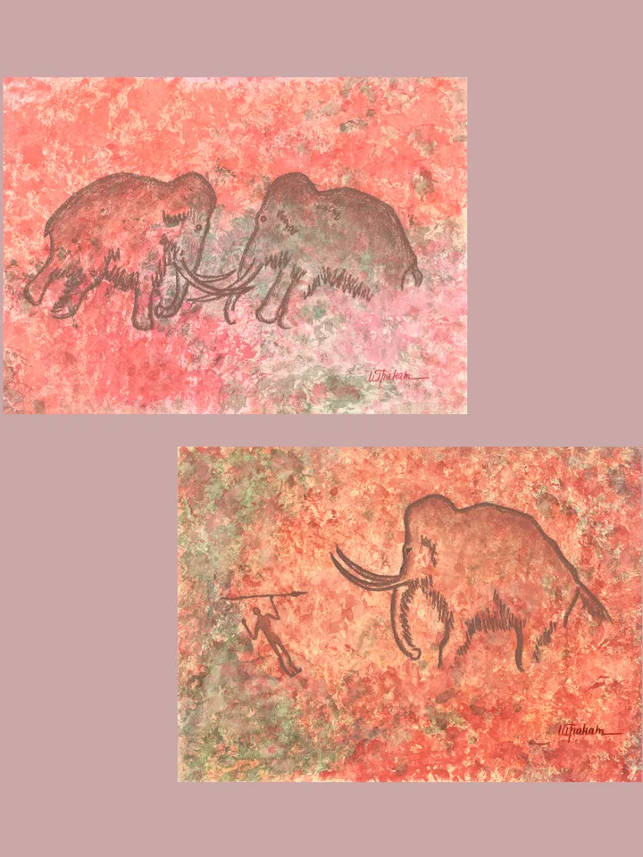 Hunter and mammoth wall art | Original Pastel and Watercolor Artwork Ancient Cave Painting Style 30x40 cm | Hunter Prehistoric art | Handmade Artwork | Mammoths stylization of rock art | Drawings of a prehistoric man | Modular painting