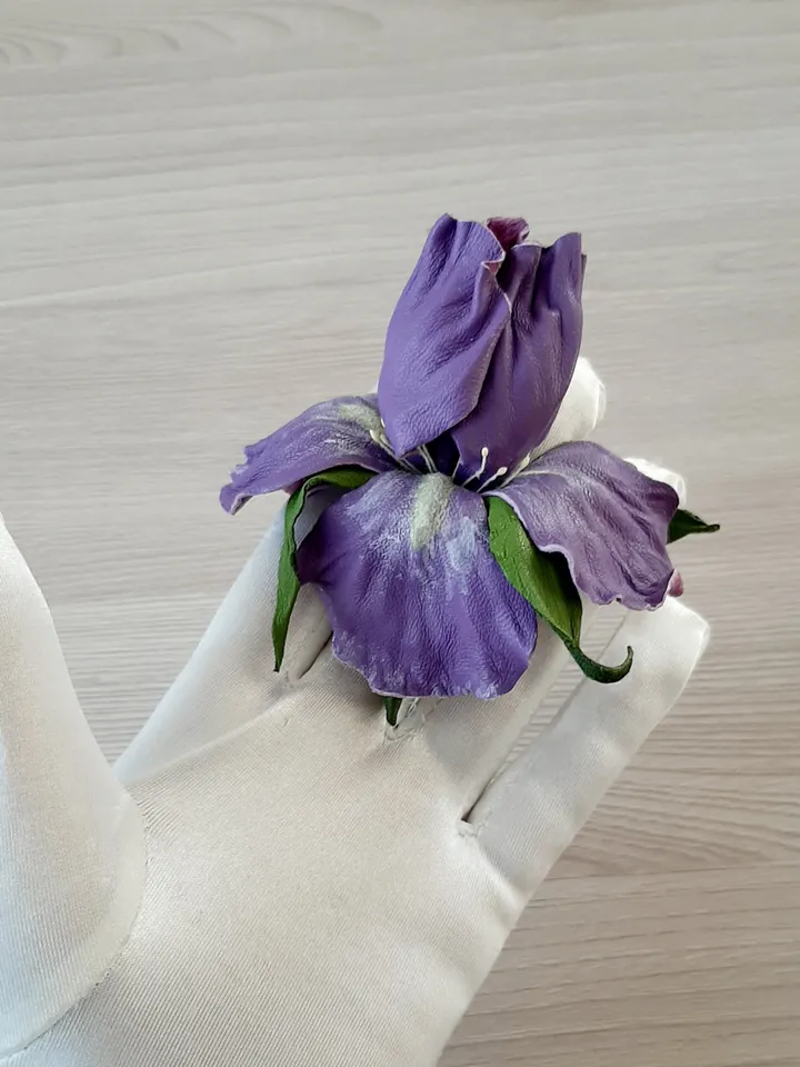 Lilac iris leather brooch for her , 3rd anniversary gift for wife, Leather women's jewelry
