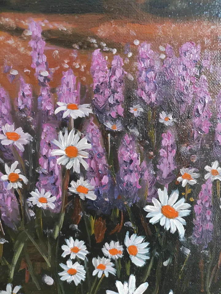 Oil painting landscape with daisies
