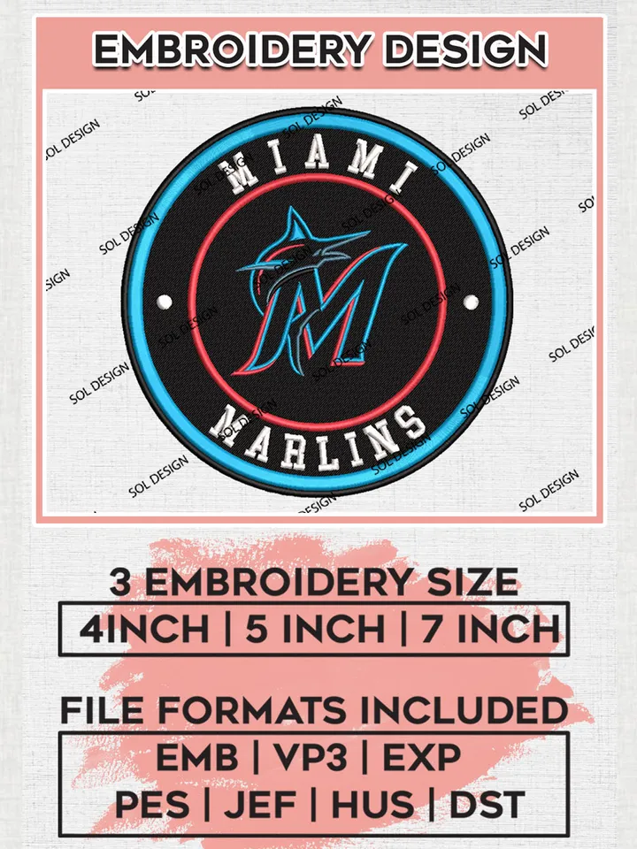 Miami Marlins Team Logo Embroidery Design, MLB Team Embroidery files, Miami Marlins Baseball Team, Marlins Team, Digital Download
