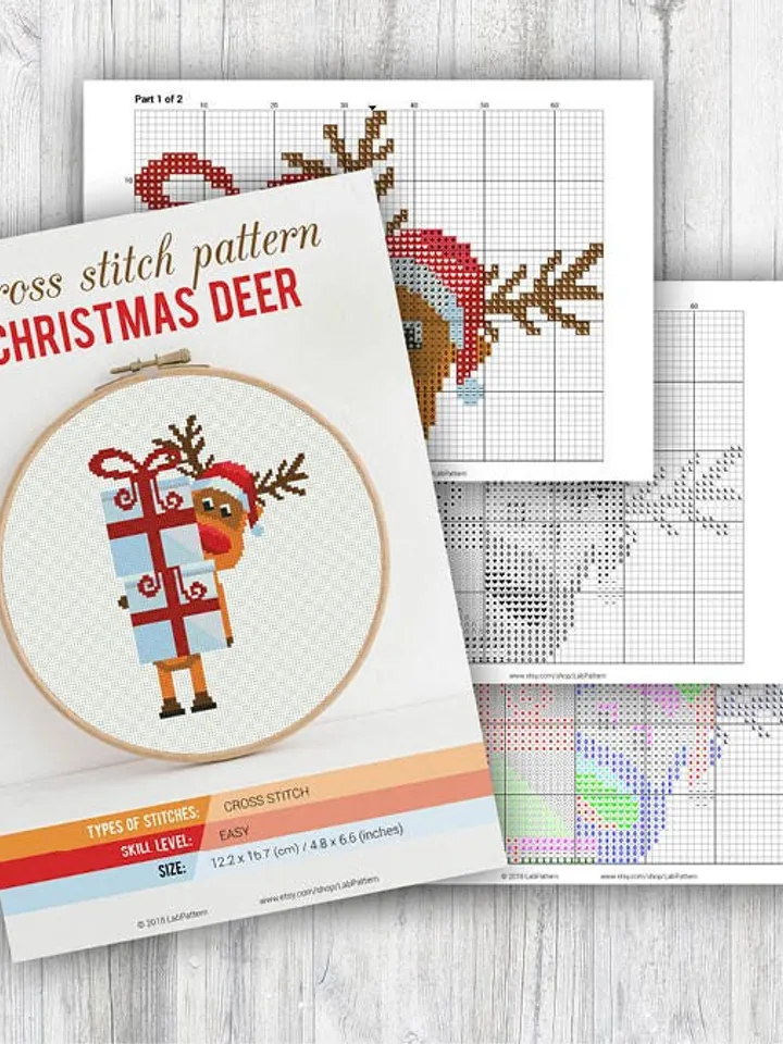 Christmas Deer Cross stitch pattern | Embroidery Pattern | Instant Download | Embroidery Designs | Happy Animal New Year Santa Present