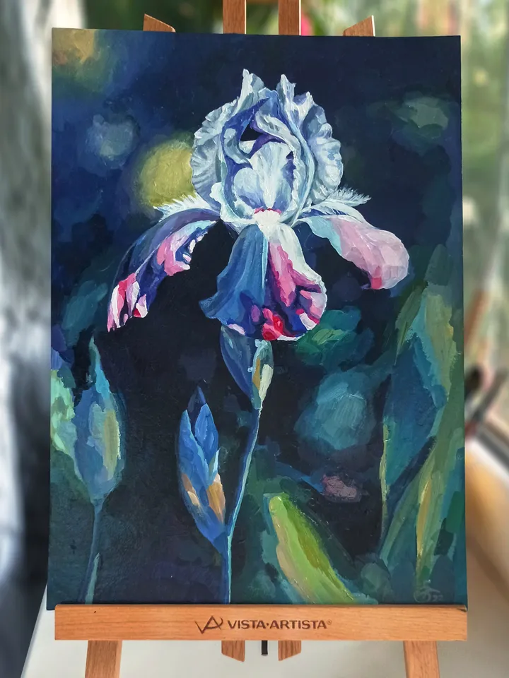 Painting with garden flowers, "Iris flower", original acrylic painting on cardboard 35x25cm
