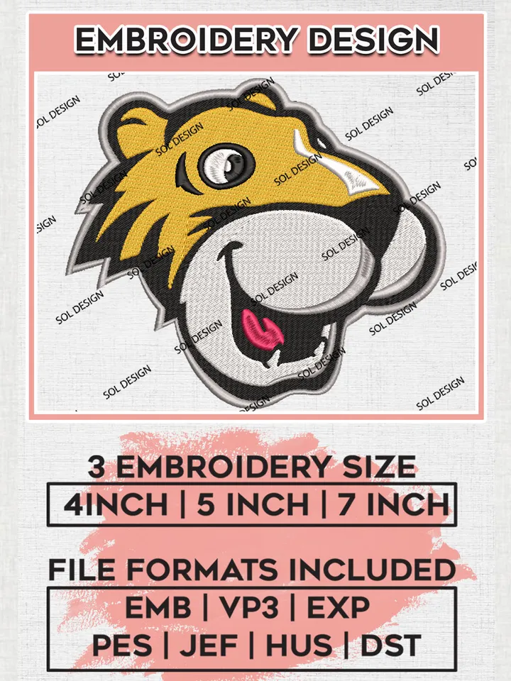 NCAA Towson Tigers Football Team Head Mascot Logo Embroidery Design Files, NCAA Towson Tigers Machine Embroidery, NCAA Teams, Game Day, 3 sizes, NCAA Machine embroidery designs, Digital Download