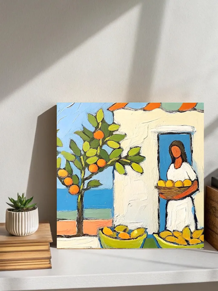Woman Painting Yellow Lemon Tree Artwork Woman with Basket of Lemons Oil Painting Summer Kitchen Decor Gifts for Her by ArtProkopaloSv