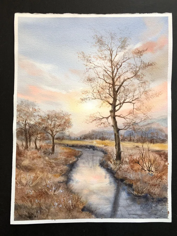 Original Landscape River Watercolor Painting Autumn Wall Art