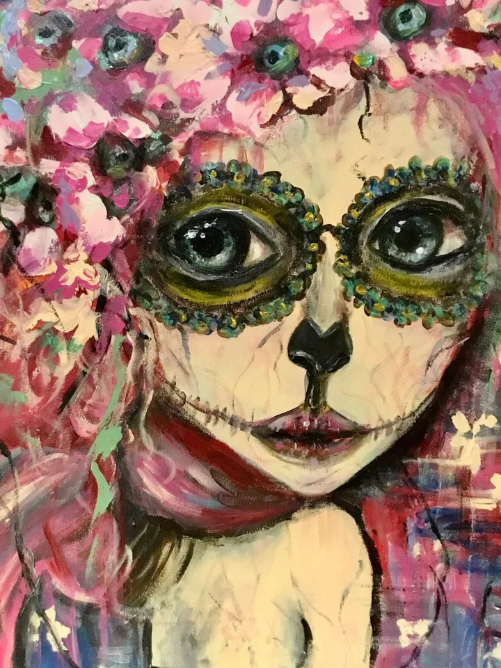 Santa muerte painting,original acrylic painting on stretched canvas,one of a kind,Halloween decoration,fantasy woman in flowers portrait.