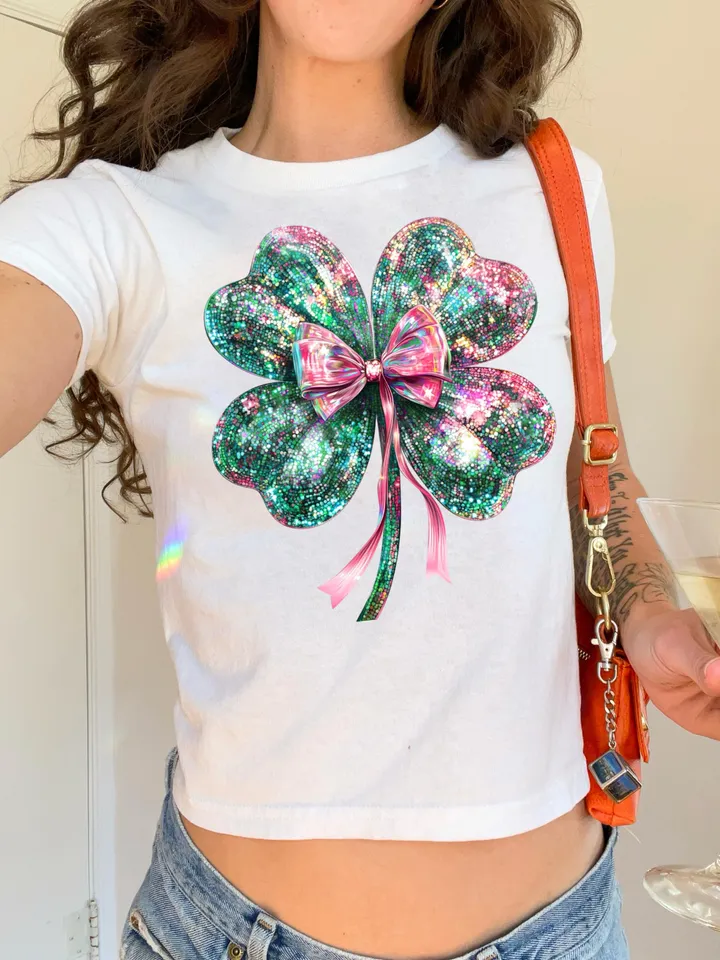 Disco Shamrock png, St Patrick's Day Png, Trendy Shamrock Coquette Bow PNG, St Patrick's Day Sublimation png, Four Leaf Clover Mirror Ball