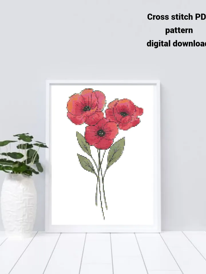 Poppies cross stitch PDF pattern, Flowers embroidery design, Instant download