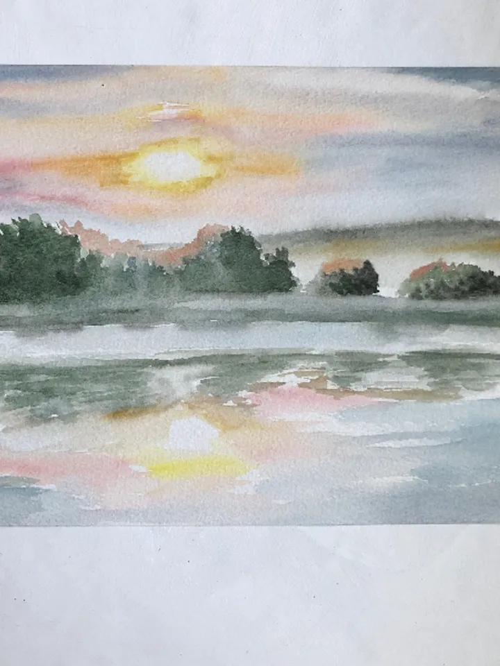 Sunset over the river landscape original watercolour painting wall art hand painted