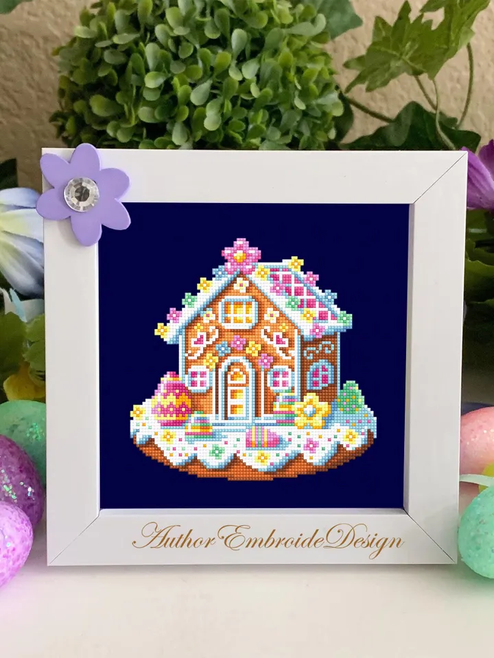 Easter gingerbread house cross stitch pattern PDF download Easter cross stitch chart, Gingerbread pattern digital PDF Easter home decor #T42
