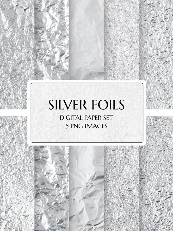 Silver Foil Digital Paper, Silver Foil Paper Set, Silver Foil Background, Silver Foil Texture Paper, Silver Foil Digital, PNG, Silver Foil Digital Papers, Glitter Digital Paper