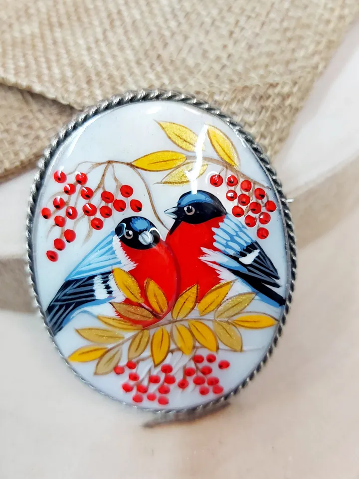 Russian jewelry brooch: Bullfinches couple. Hand painted miniature. Russian fine art style Fedoskino on abalone shell. Gift art pin for her