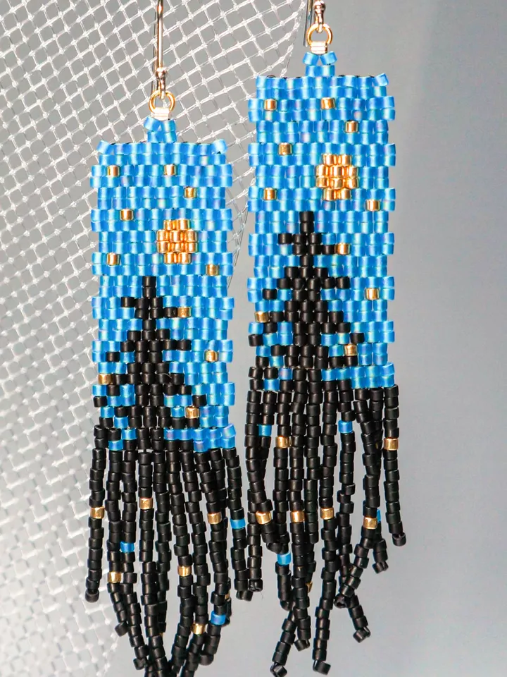 Trees-Patterned light blue sky at night Japanese Bead and sterling Silver Earrings A Fusion of Elegance and Nature