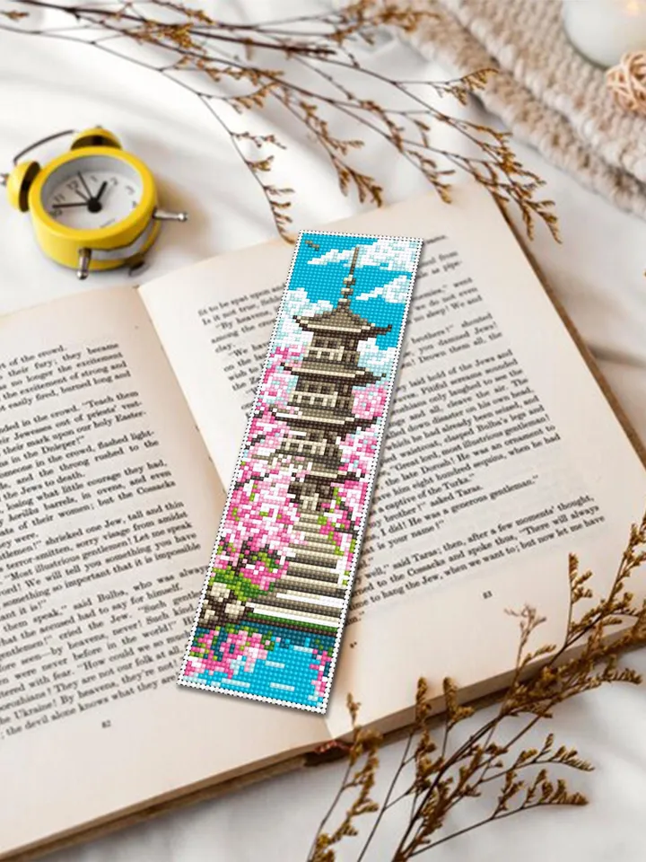 Spring bookmark cross stitch pattern PDF download Japanese pagoda cross stitch chart for beginner, Sakura bookmark pattern digital PDF #B470
