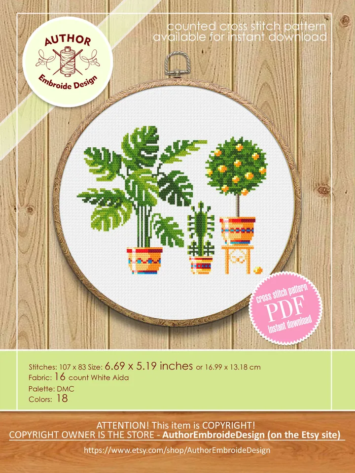 Home plants cross stitch pattern download PDF Floral cross stitch chart, Easy small cross stitch sampler, Monstera leaf, Lemon Tree #P16
