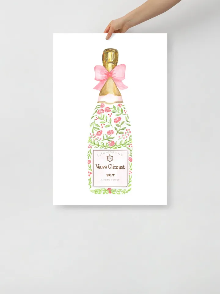 Champagne Bottle Chinoiserie Style Wall Art Print,Pink Watercolor Bar Cart Print, Cocktail Decor,Wine Wall Art,Preppy Bar Cart, Gift For Her