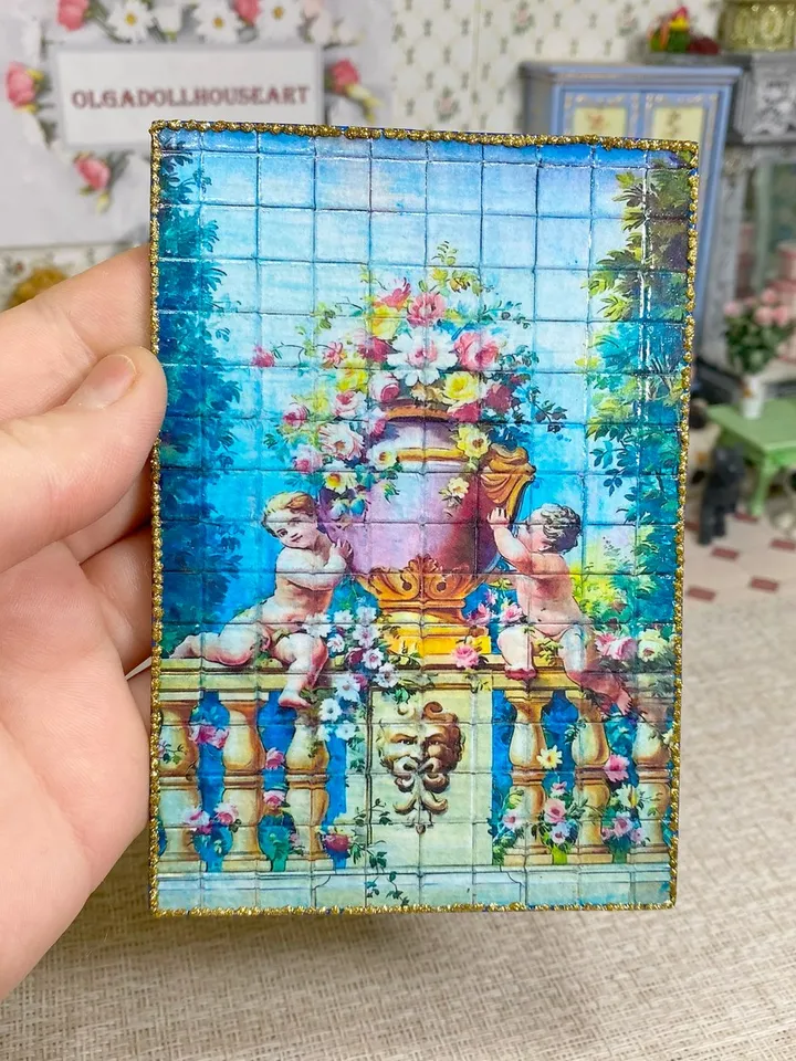 Dollhouse panel. 1:12. Handcrafted. Imitation tiles. Wall panel. Miniature dollhouse.