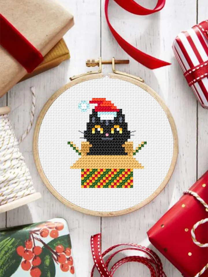 Set Christmas cats cross stitch pattern download PDF, Cute black cat embroidery PDF, Christmas mini cross stitch, Funny home cat decor #N78