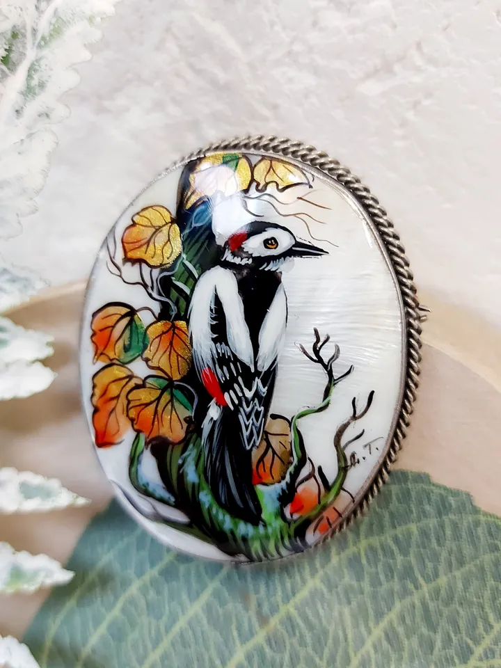 Handmade brooches for women with Forest Bird: hand painted mother of pearl brooch, elegant shell pin with Woodpecker in the forest