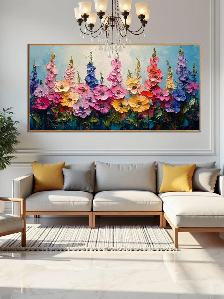 Large Impasto Floral Landscape Painting, Colorful Wildflower Field Artwork, Textured 3D Original Art, Vibrant Wall Art Decor, Garden Scene