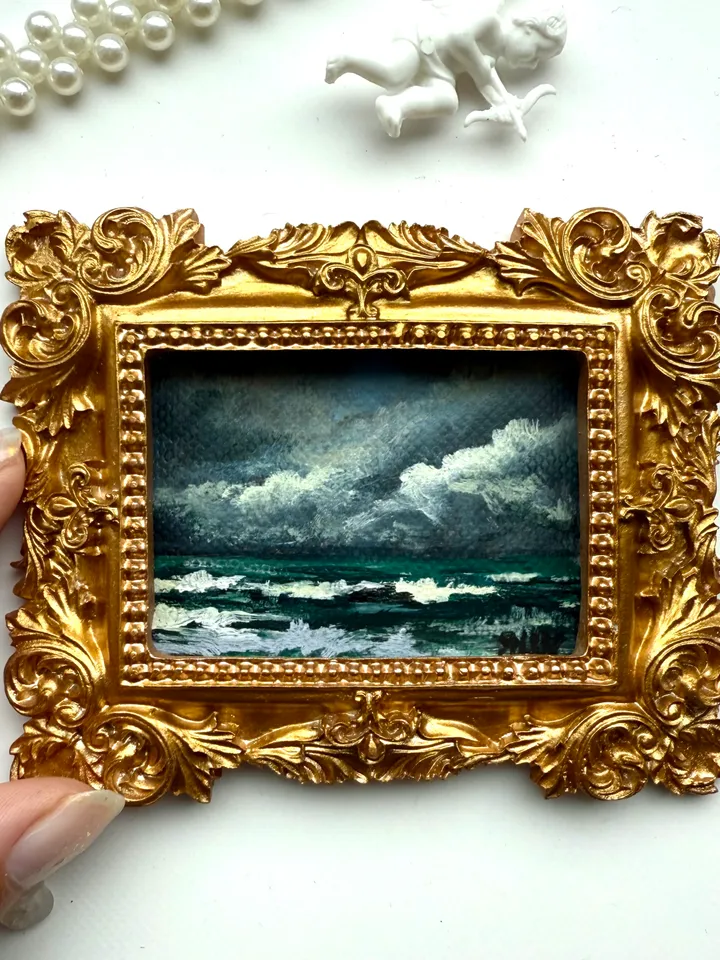 Small Landscape Acrylic Painting Framed Original Stormy Coast Painting Antique Ocean Art Gold Frame Tiny Paintings 3 x 4 Wave Art