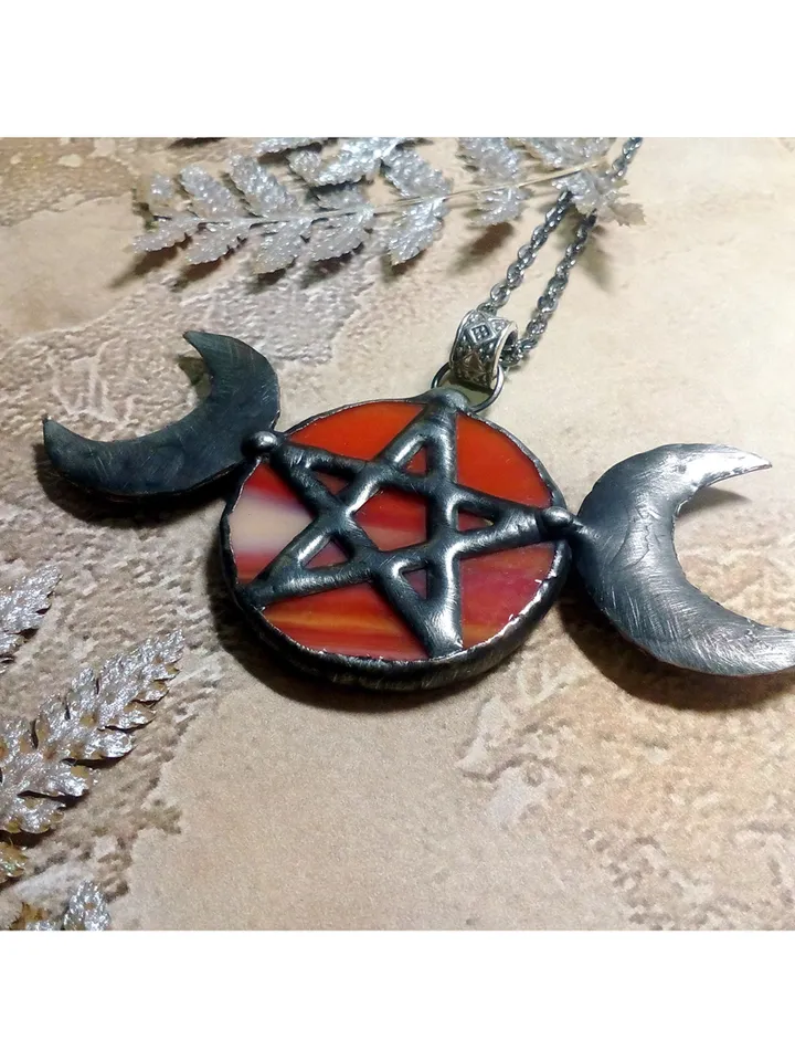 Hecate necklace, Pentacle, Moon Goddess, Stained glass moon, Moon phase necklace, Stainglass crescent, Full moon pendant